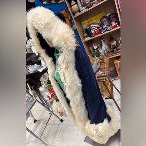 1970s Penny Lane navy blue suede jacket with lamb wool trim